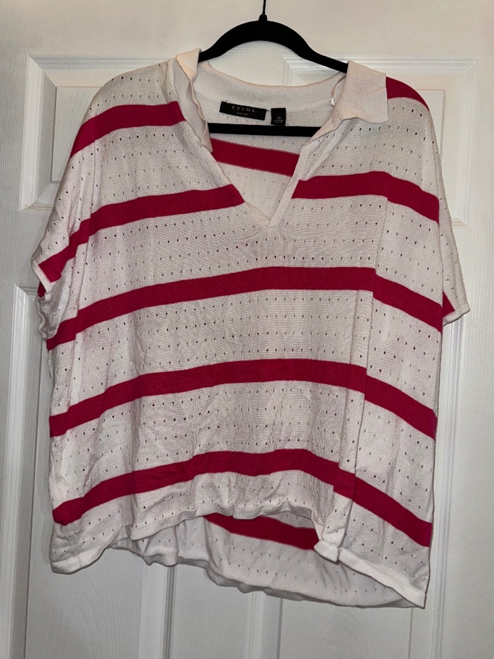 Title: Cyrus Woman Pink White Striped Pointelle Polo Top 3X